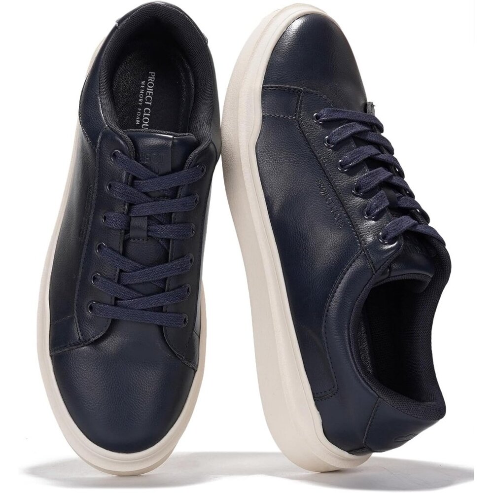 ⚡ Men Navy Faux Leather Memory Foam Insole Lightweight Non Slip Sneaker